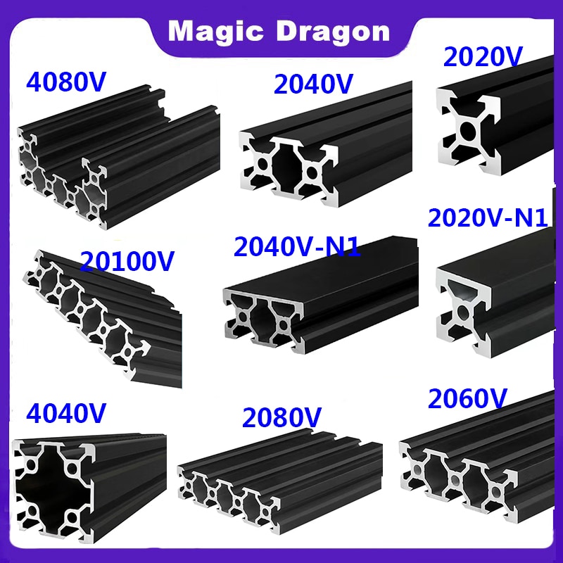 1pc Black 2020 2020N1 2040 2040N1 2060 2080 4040 4080 20100 V-Slot Aluminum Profile EU standard 3D Printer Track DIY Frame