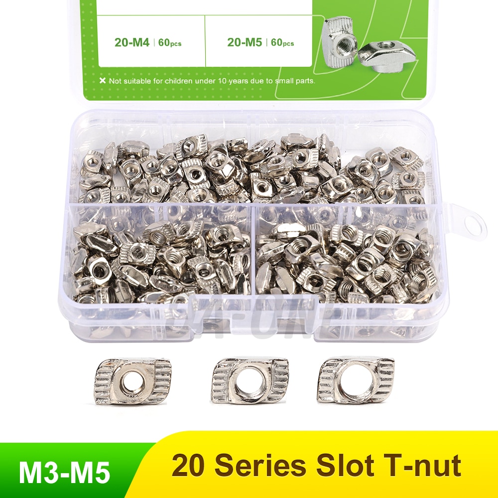 M3 M4 M5 2020 Series Aluminum Profile Connector T-nut T Nuts Set 65/150 Pcs Nickel Plated Hammer Head Nut Tools Kit for T-slot